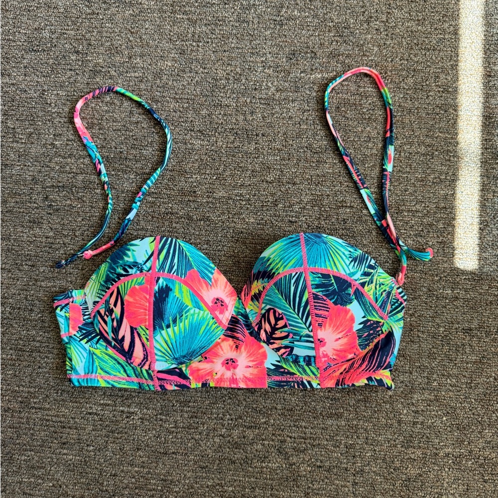 Xhilaration Tropical Floral Bandeau Bikini Top in Pink, Blue, Green